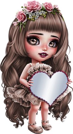 a cartoon girl holding a heart shaped mirror