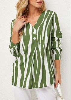 Color:Green;Size:S;Package Contents:1 X Blouse;Style:Casual;Composition:95% Polyester, 5% Spandex;Washing Instructions:Hand Wash /Machine Washable;Occasion:Staycation;Clothing&apos;s Length:Long;Neckline:V Neck;Pattern Type:Stripe;Sleeve&apos;s Length:Long Sleeve;Color Scheme:Green;Season:Autumn;Decoration:Decorative Button; Button Blouse, Striped Sleeve, New Fashion Trends, V Neck Blouse, Casual Blouse, Sleeves Pattern, Striped Blouse, Blouse Styles, Stripe Print