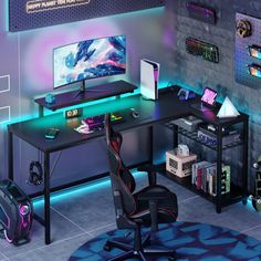 a gaming room with a desk, chair and computer monitor