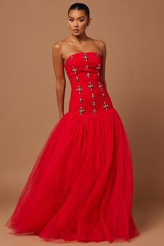 Available In Red And White. Embellished Tulle Gown Strapless Square Neckline Tulle Skirt Hidden Back Zipper Lined Partial Stretch Shell1: 90% Nylon 10% Spandex Shell2: 100% Polyester Lining1: 95% Polyester 5% Spandex Lining2: 100% Polyester Imported | Dinah Embellished Tulle Gown Dress in Red size 3X by Fashion Nova Beautiful Ball Gowns, Mercedes Maybach, Red Velvet Dress, Embellished Gown, Gown Prom, Tulle Gown, Gown Dress, Handmade Dresses, Prom Party Dresses