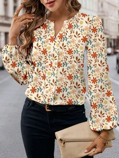 Artist Women Floral Print Notched Neck Lantern Sleeve Casual Shirt, Suitable For Spring And Autumn Seasons, For Thanksgiving, Holiday, New Year, Vacation Multicolor Boho  Long Sleeve Woven Fabric Colorblock,Floral,Plain,All Over Print Top Non-Stretch  Women Clothing, size features are:Bust: ,Length: ,Sleeve Length: Head Scarf Styles, Boots For Short Women, Marketing Resources, Thanksgiving Holiday, Vintage Floral Print, Lantern Sleeve, Spring And Autumn, Supply Chain, Lantern Sleeves