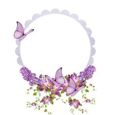 purple flowers and butterflies are arranged in a circle