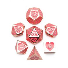 six pink and white dices with numbers on them