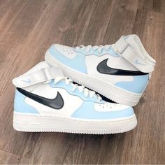 Custom Painted Blue With Black Swoosh Nike Af1 Mid Brand New W/O Box *Please Allow 7-10 Days To Ship As This Is A Custom Order* Trendy Blue Custom Sneakers For Streetwear, Rave Shoes, Nike Shoes Women Fashion, Air Force 1 Sneakers, Waterproof Paint, Cute Nike Outfits, Preppy Shoes, Pretty Shoes Sneakers, All Nike Shoes