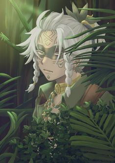 an anime character with white hair standing in the jungle surrounded by green plants and leaves