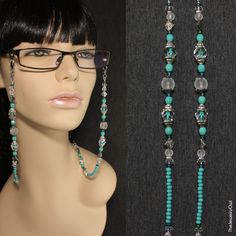 Make a bold fashion statement with this teal blue green beaded eyeglass chain! Classy and sophisticated, great for wearing around the office. Our beaded chains make for a great gift? Rubber loops adjust to fit most glasses frames.   🦉Product Details:  * Approx. Length - 30 in (including rubber loops) * Chain Weight: 1.6 oz * Bead Color(s): Teal Blue Green * Metal Color: Silver-tone * Material: Glass and Czech Beads * Closure: Lobster Claw Clasps and Rubber Loop Ends * Product ID: G238 🎁 Gift packaging available at Checkout ($4.00 USD) - See last image   🦉NOTES: * Not recommended for young children! * The lobster clasps make replacement of the rubber loops easy if they break. * All measurements and weights are approximate and may vary slightly from the listed dimensions. * Some photos ma Beaded Eyeglass Chain, Green Core, Mask Chain, Chain Loop, Green Metal, Eye Glass, Eyeglass Chain, Message Jewelry, Glasses Chain