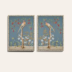 two framed paintings with birds on branches and flowers