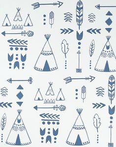 native american teepees and arrows in blue on white paper with black outline drawing