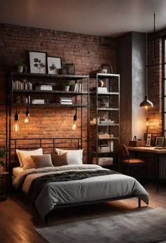 a bedroom with brick walls and wooden flooring, a large bed in the middle