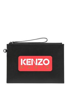 black/red leather smooth grain tonal hardware logo print to the front embossed logo to the rear embossed internal logo top zip fastening wrist strap main compartment internal logo patch Kenzo Logo, Black Clutch Bags, Hardware Logo, Large Pouch, Printed Clutch, Black Clutch, Embossed Logo, Printed Bags, Leather Pouch