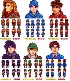 an old school video game poster with the characters in different outfits and hats, all from various