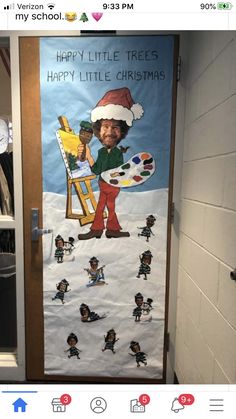 a door decorated with an image of a boy holding a paintbrush and palettes