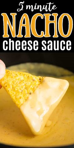 a hand holding up a piece of cheese sauce with the words, i minute nacho cheese sauce