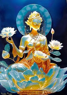 a painting of a buddha sitting on top of water lillies in front of a blue sky