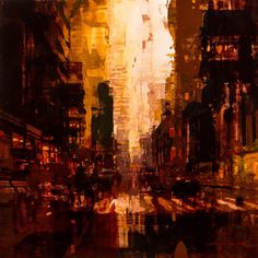 an abstract painting of a cityscape with buildings and people walking down the street