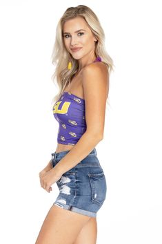 Show off on gameday in the most comfortable LSU Tigers tube top. 100% Polyester. Sublimated design. Made in the USA. Bandeau Sports Tops For Summer, Collegiate Sleeveless Tops For Cheerleading, Summer Sports Fan Tops In Team Colors, Stretch Bandeau Sports Top, Collegiate Sleeveless Tops For Game Day, Stretch Bandeau Top For Sports, Purple Collegiate Tops For Sports Events, Sports Fan Sleeveless Tops For Game Day, Sleeveless Sports Fan Tops For Game Day