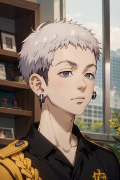 an anime character with short hair and piercings in front of a book shelf filled with books