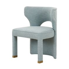 a grey chair with wooden legs on a white background