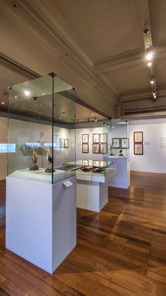 an empty museum with glass cases and pictures on the wall, along with wooden flooring