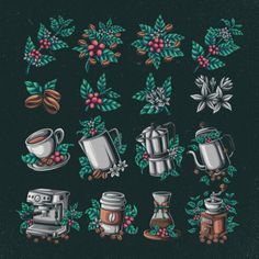 coffee and teapots with holly leaves on the black background, set of various items for