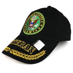 Our Officially Licensed US Army Veteran Emblem Embroidered Structured Military Baseball Cap is officially licensed by the US ARMY. This structured cotton twill military cap features high quality embroidered logo of United States Army. Made from 100% Cotton Twill. Constructed front crown. 6 ventilation eyelets. Fitted with an inner cotton sweatband. Stiff and pre curved bill. Finished with an adjustable metal buckle closure. One size fits most.100% cottonMilitary logo of United States Army is emb Military Style Baseball Cap With Logo Patch, Military Style Baseball Cap With Embroidered Logo, Military Cap With Logo Patch, Military Snapback Baseball Cap With Logo Patch, Military Style Cap With Logo Patch, Black Military Style Cotton Baseball Cap, Us Army Veteran, Military Logo, Best Caps