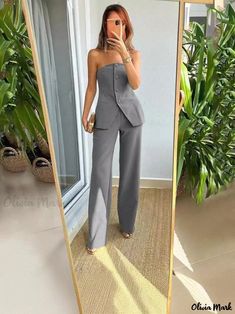 Olivia Mark - Chic Off-Shoulder Suit with Buttoned Bustier Top and High-Waisted Trousers Pant Length, Bustier Top, High Waisted Trousers, Olivia Mark, Sleeve Type, Off Shoulder, Length Sleeve, Types Of Sleeves, Trousers