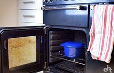 an open oven door with a blue container inside it and a red striped towel hanging from the rack