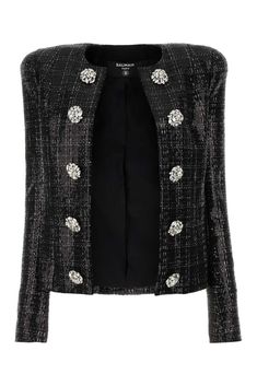 100% Polyester Balmain Tweed, Denim Biker Jacket, Balmain Jacket, Embellished Jacket, All Over Pattern, Black Tweed, Decorative Buttons, Tweed Blazer, Couture Collection