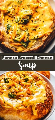 broccoli cheese soup in a bread bowl on a plate with the words panera broccoli cheese soup