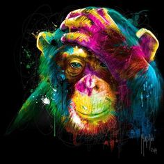 a painting of a monkey with colorful paint on it's face and hands over his head