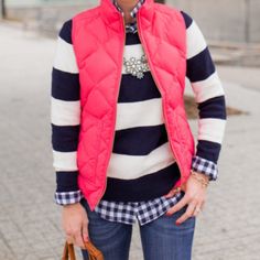 Picturing J. Crew Factory Hot Pink Quilted Vest 92465 Size Small Brand New 0009 ** 05 Preppy Fitted Winter Outerwear, Fitted Preppy Winter Outerwear, Fitted Preppy Outerwear For Winter, Preppy Spring Outerwear For Workwear, Preppy Spring Workwear Outerwear, Preppy Spring Outerwear For Work, Navy Blue Quilt, Sleeveless Puffer, Puff Vest