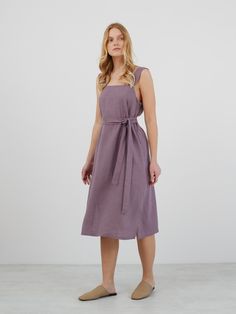 ELLIDY is a simple strap linen dress with belt.  DETAILS - Sleeveless design - Spaghetti straps - Self-tie belt - 100% lightweight European linen fabric - Cut and sewn to order just for you in our studio COLOR - Lavender Violet, you can also choose other colors above - Fabric samples are available here https://www.etsy.com/listing/586569696/linen-fabric-samples SIZING & FIT - Fits true to size - Model is 5'8" / 173cm and wearing a size XS CARE FOR LINEN - Machine wash up to 30ºC/86ºF gentle cycl Casual Summer Dress With Belt, Linen Square Neck Dress With Adjustable Straps, Linen Dress With Adjustable Straps And Square Neck, Square Neck Linen Dress With Adjustable Straps, Sleeveless Linen Dress With Adjustable Straps For Brunch, Chic Linen Midi Dress With Tie Straps, Linen Midi Dress With Adjustable Straps, Linen Square Neck Dress With Tie Straps, Sleeveless Linen Dress With Tie Fastening