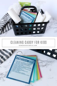 cleaning caddy for kids on a marble countertop with text overlay that says cleaning caddy for kids