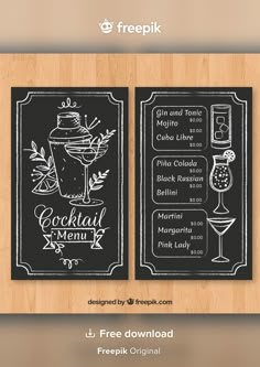 two menus with drinks on them and the words freepik written in chalk