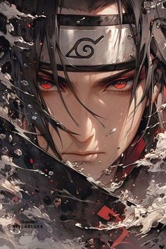 an anime character with red eyes and black hair in the water, looking to his left