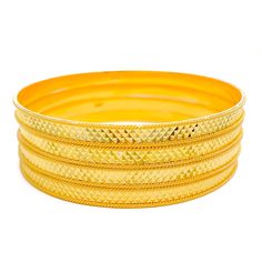 Radiating elegance and charm, these 58.7-gram 22K yellow gold bangles flaunt a refined checkered pattern. Designed for a size 2.7 with a 2.45" opening, this set comprises 4 dazzling bangles. Their intricate design ensures they stand out as a showstopper in any attire. PRODUCT DETAILS Gold Purity(karat): 22k Gold Weight(grams): 58.7 Item Finish: Yellow Gold Bangle Size: 2.7 Bangle Opening: ﻿2.45" Number Of Pieces: 4 Bangles Cheap Yellow Festive Bangle, 45 Number, Traditional Yellow Gold-plated Bangle, Festive Yellow Gold Tilla Bangle, Festive 22k Gold Hand-set Bangle, Gold-plated Yellow Bangle With Intricate Design, 22k Gold Bangles, Yellow Gold Bangle, Gold Bangle