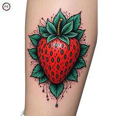 a strawberry with leaves on the thigh