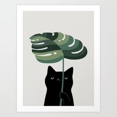 a card with a black cat holding a green leaf