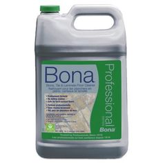 bona professional floor cleaner, 5 liter bottle with green cap on the top and bottom