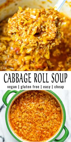 cabbage roll soup in a green bowl with the title above it