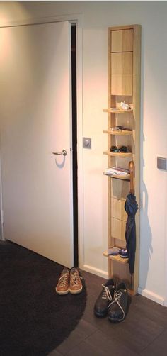 a pair of shoes are sitting on the floor in front of a closet with shelves