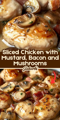 chicken with mustard, bacon and mushrooms is shown in two different pictures on the same plate