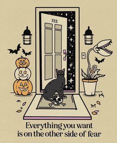 a black cat sitting on top of a rug in front of a door with three pumpkins