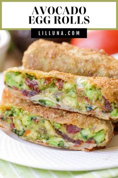 two egg rolls stacked on top of each other with the words avocado egg rolls above them