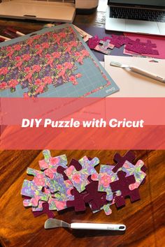 diy puzzle with cricut pieces and scissors on a table next to a laptop