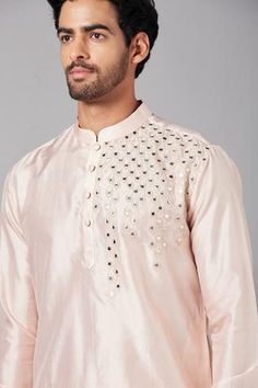 Shop for Hilo Design Peach Dupion Rooyi Mirror Embroidered Kurta for Men Online at Aza Fashions Peach Kurta For Men, Mirror Work Kurta, Embroidery Mirror, Kurta For Men, Mirror Embroidery, Kurta Men, Kurta Set For Men, Fancy Blouse, Types Of Work