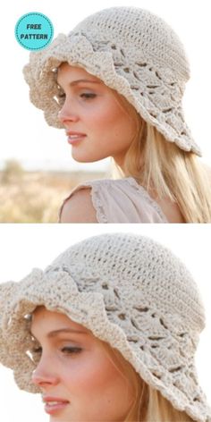 two pictures of a woman wearing a crochet hat