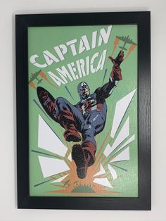 a painting of a man flying through the air on top of a snowboard with caption captain america