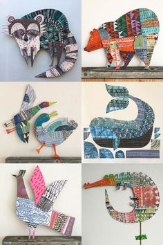 four different types of animals made out of scrapbook pages are shown in this collage