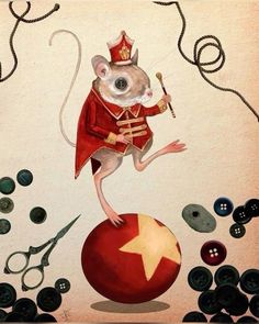 a painting of a mouse on top of a ball with scissors and buttons around it